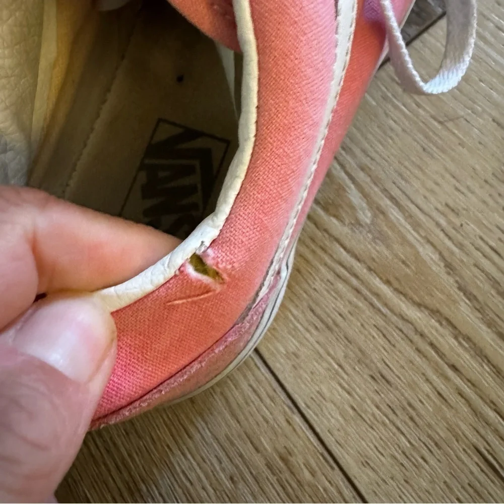 Pink and white Vans sneakers, lace up, suede tips, size 9.5 M or 11 W.
